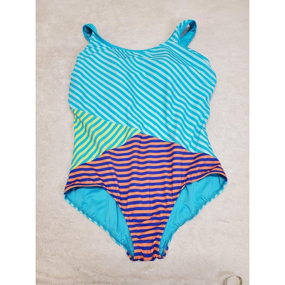 Lands End Blue Striped Colorblock One Piece Swimsuit Swim Women 20W Plus Size